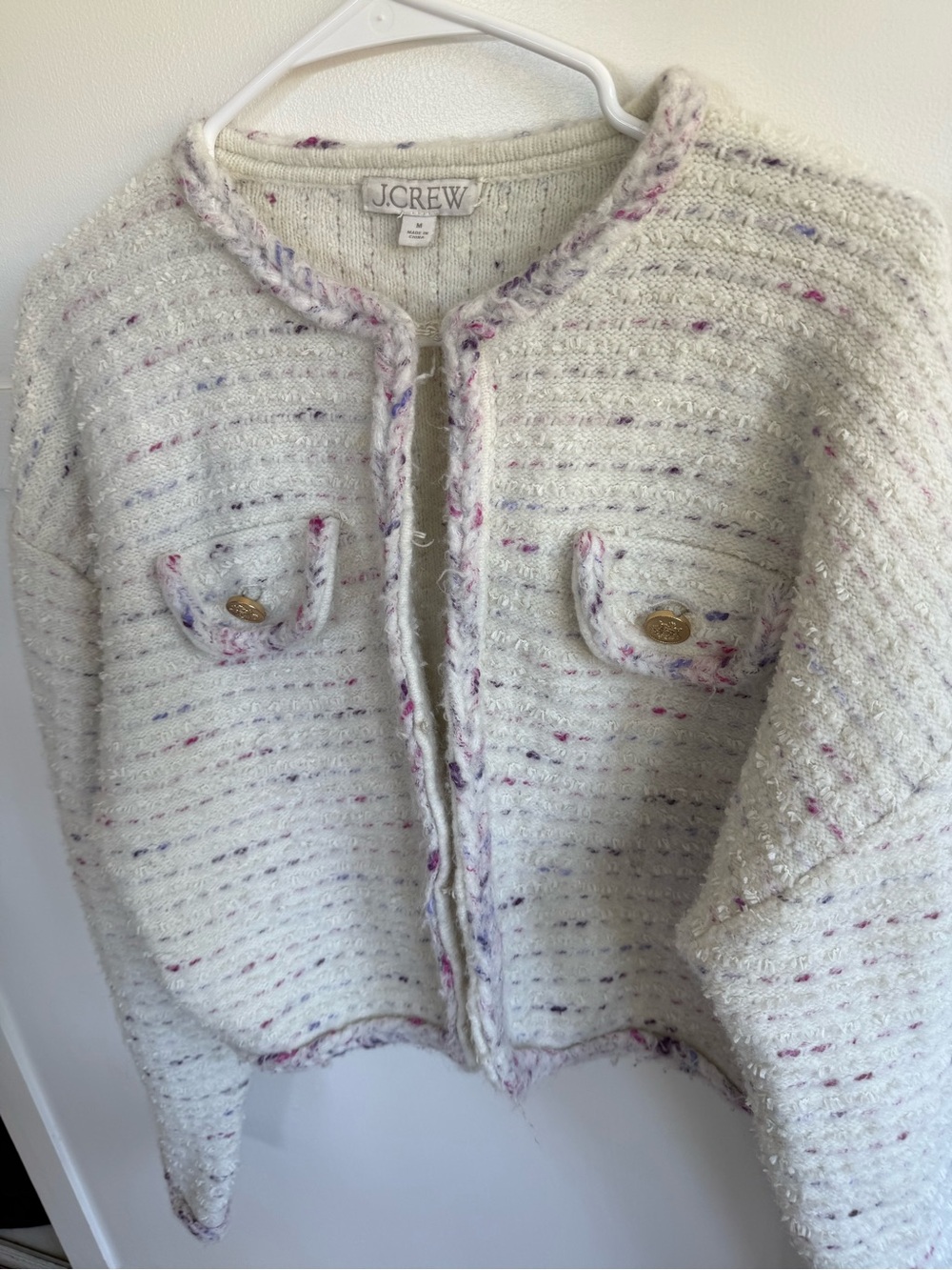 J Crew Cropped Lady Jacket Ivory Marled Yarn Sz Medium Coquette Preppy Old Money - Picture 5 of 9